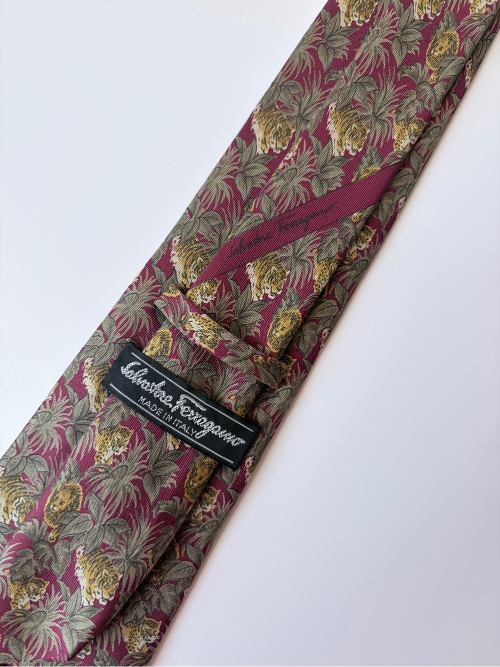 Salvatore Ferragamo Maroon Jungle Cats Floral Silk Tie
